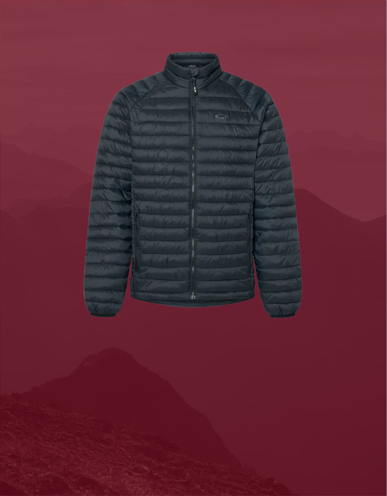 Black jacket, displayed against a maroon background with faint mountain silhouettes.