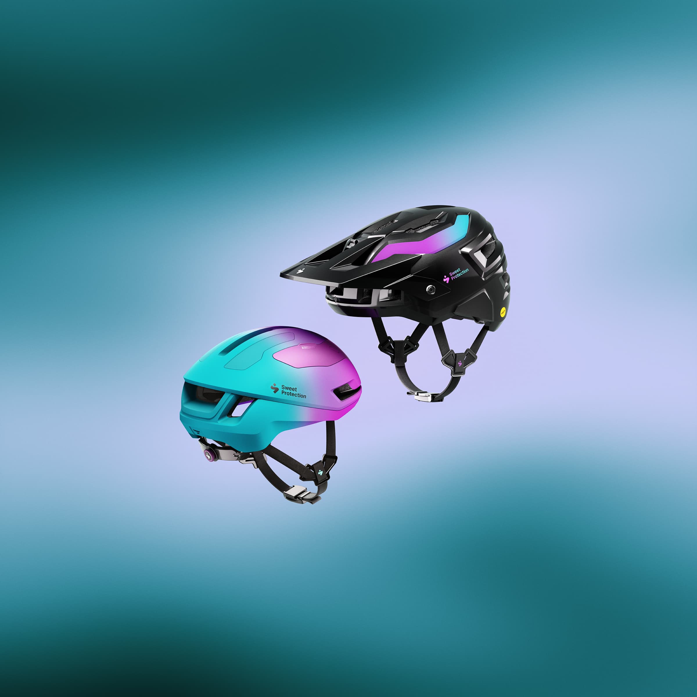 Two bike helmets: one turquoise and purple, and the other black and purple, set against a blurred teal background.