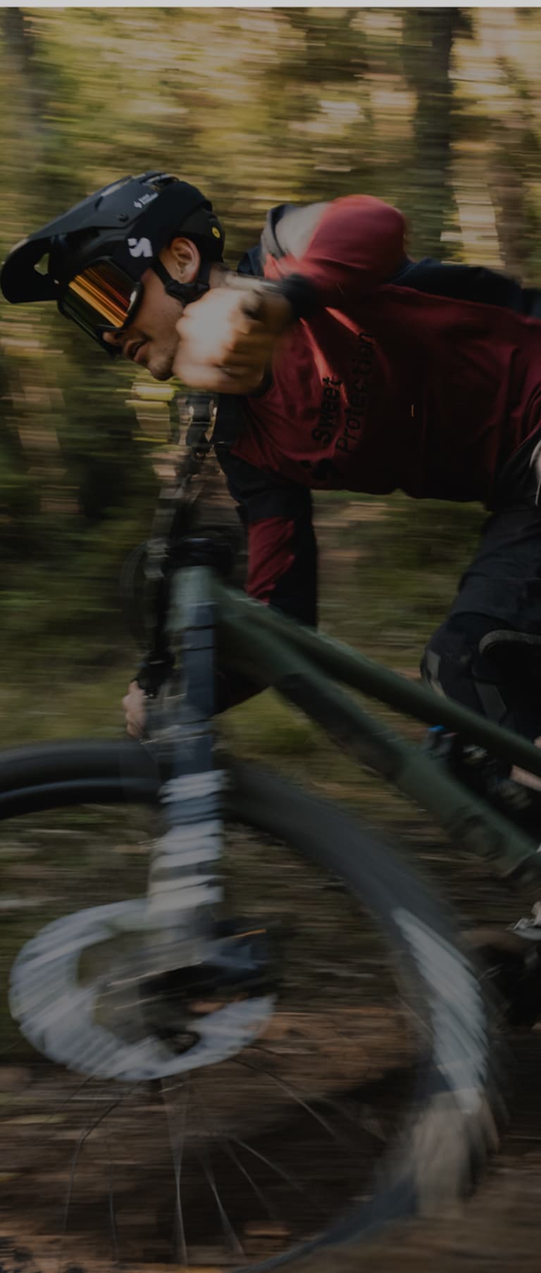 Mountain biker in motion on a forest trail.