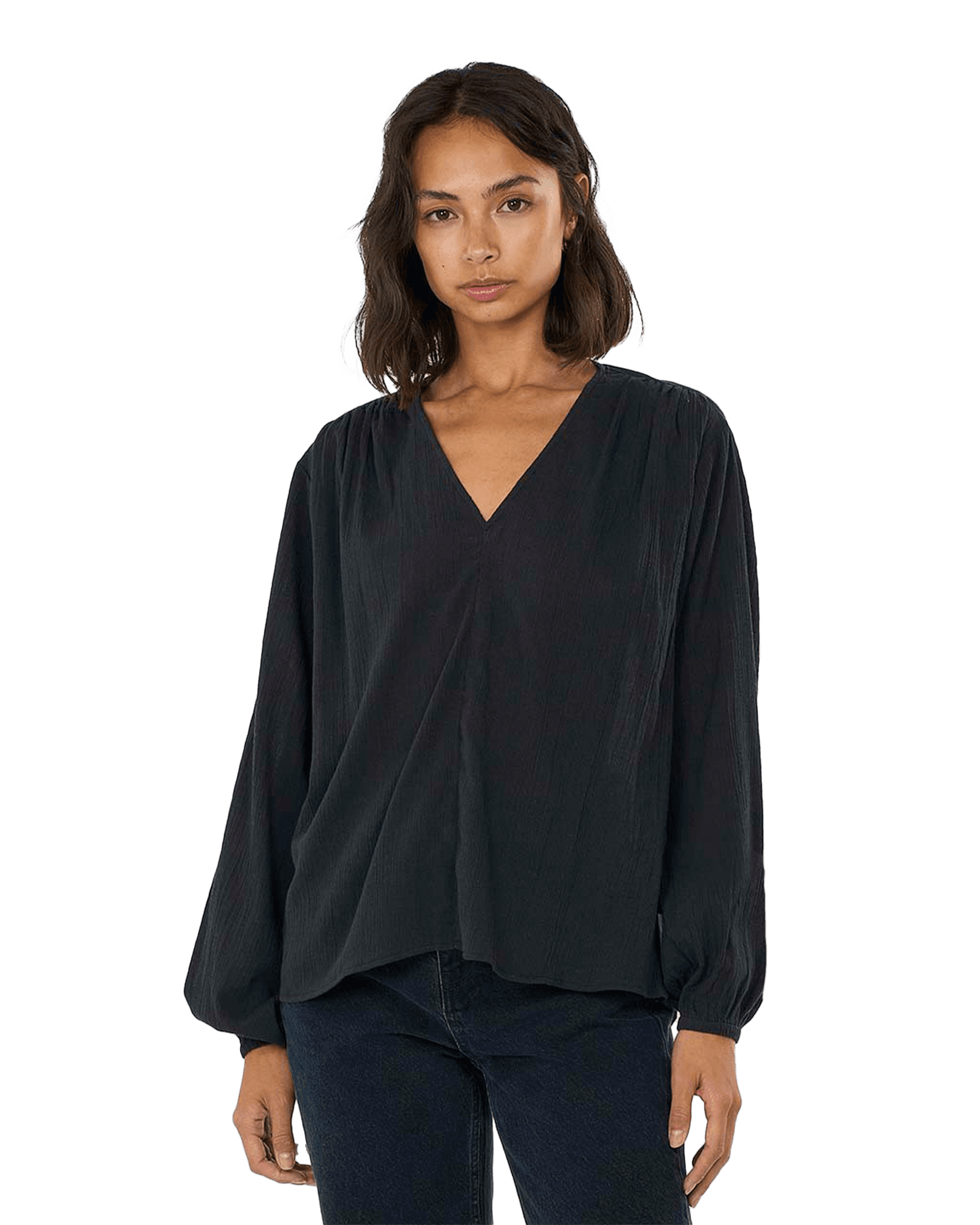 Cotton Crepe A-Shape Volume Sleeved Shirt W 1300 Black Jet